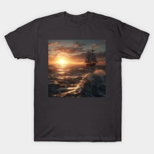 Beautiful sunset over the sea, an old ship sails T-Shirt